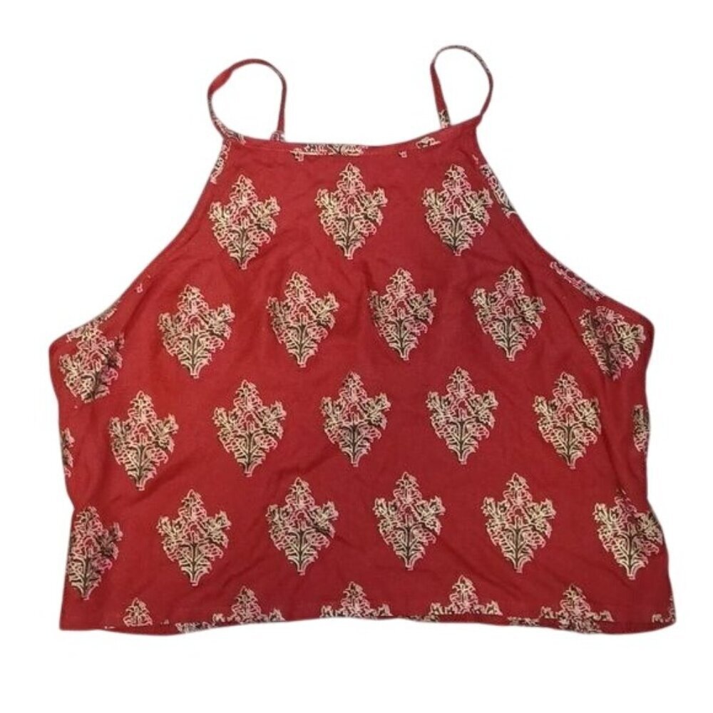 EARTHBOUND Red High Neck Boho Smocked Crop Top